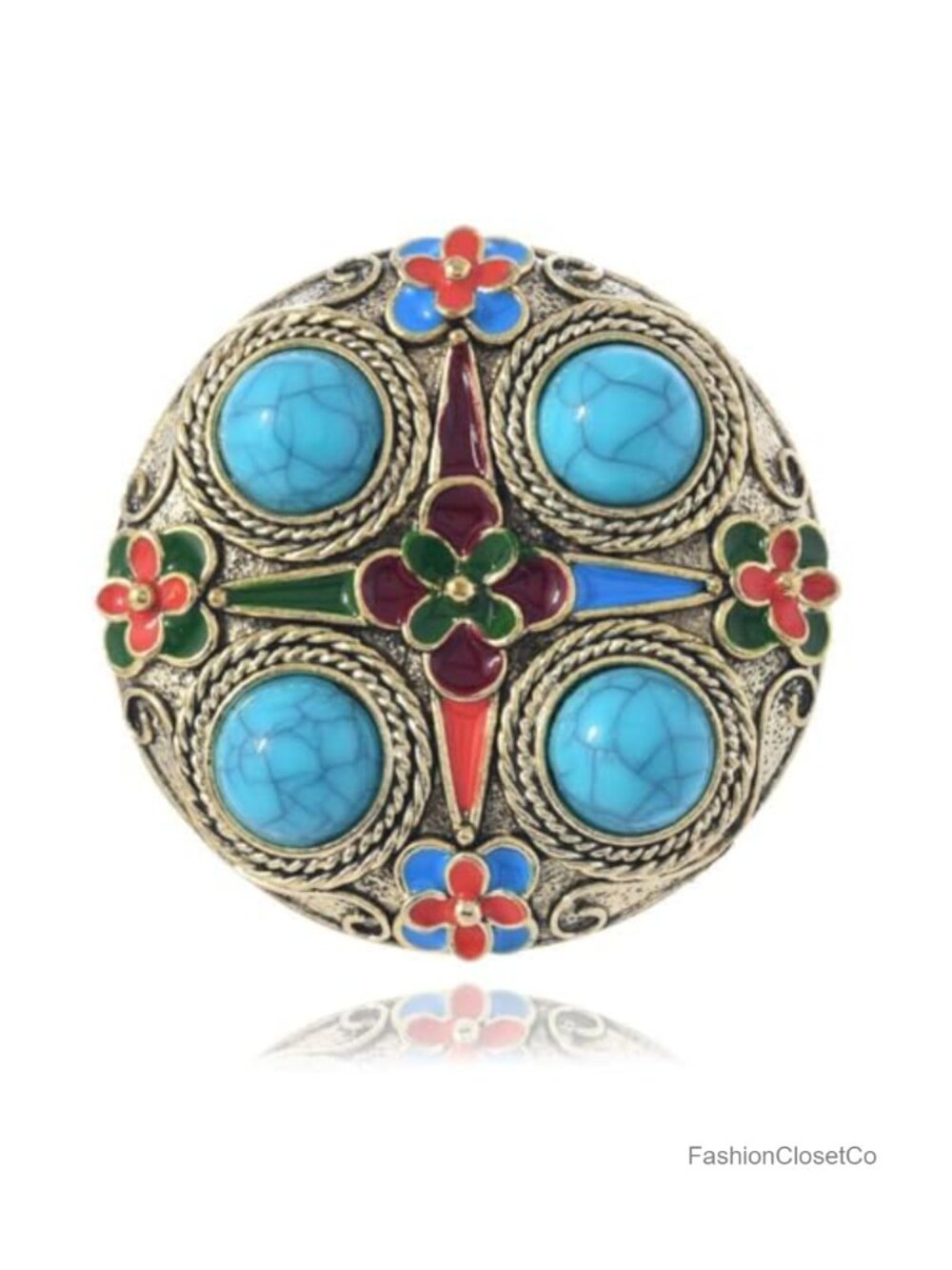 Zinc Alloy Blue Stone Enamel Flower Brooch Pin Gold-Toned Finish